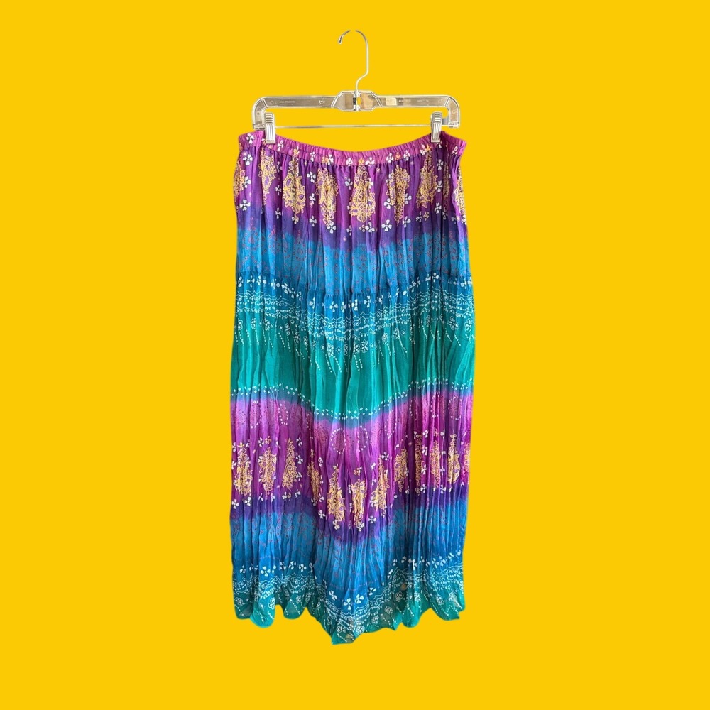 Chicos Vintage Boho Broomstick Maxi Skirt Purple Teal Patterned Size 1 Large‎ - Picture 2 of 4